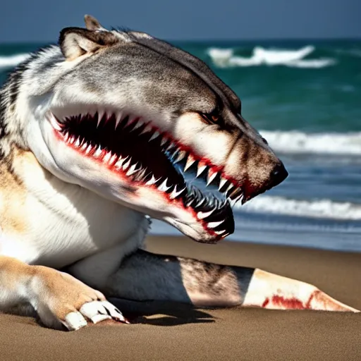 Image similar to professional photo of a shark body and canine wolf head half wolf half shark strange chimera discovered on the beach