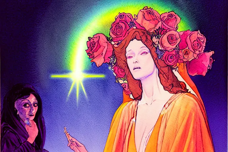 Image similar to a hyperrealist watercolour character concept art portrait of the blessed mary in rainbow gown on well lit night in las vegas, nevada. there is a ufo. neon roses. by rebecca guay, michael kaluta, charles vess and jean moebius giraud