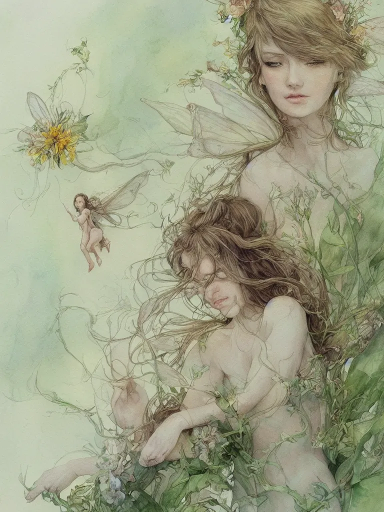 Image similar to study of a flower fairy, illustration, watercolor, alan lee, detailed, pretty, ethereal, realistic, artstation,