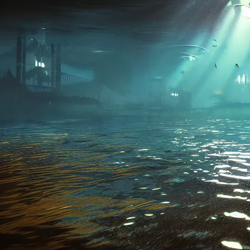 Image similar to underwater, Westminster palace, deep underwater, fish shoal, concept art in style of Greg Rutkowki, dynamic moody lighting, 4k, very highly detailed, hyper realistic