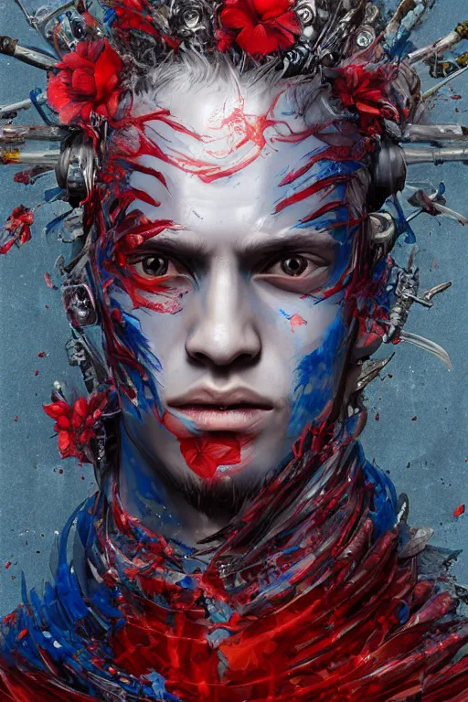 Image similar to portrait of beautiful young man, warhammer, japanic style, cyberpunk, a lot of scars, more and more flowers, blue head, some red water, the middle ages, highly detailed, artstation, illustration, artgerm sylvari portrait, 8 k quality, art by max ernst