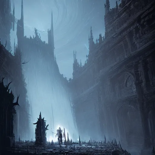 Image similar to a huge dungeon with an hunter fighting an old god, in the style of Bloodborne, soft, light, bright, epic, awesome,digital art, by Simon baek and Greg rutkowski