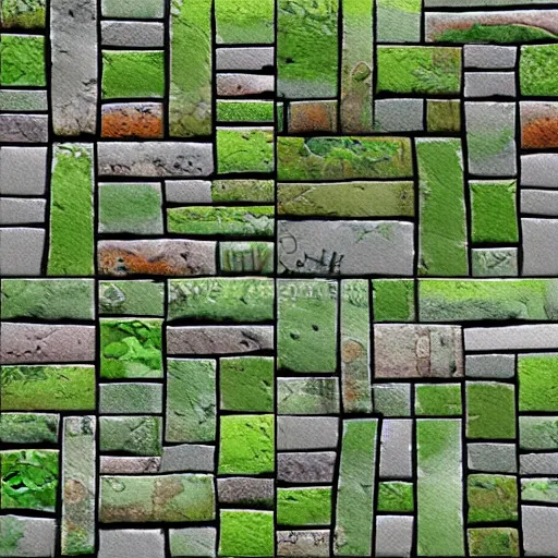 Prompt: digital hand painted tiles textures of a rock bricks with moss, digital art, fantasy, behance, pinterest, deviantart, artstation, design, rpg, detailed, digital art, incredible, digital painting