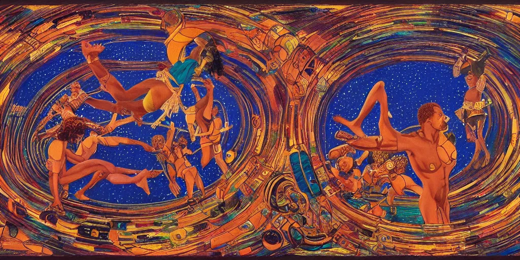 Image similar to an abstract space station background, a multiracial greek god dancing, clear eyes. 2 4 mm, photorealistic, muted color scheme, directed by mati klarwein