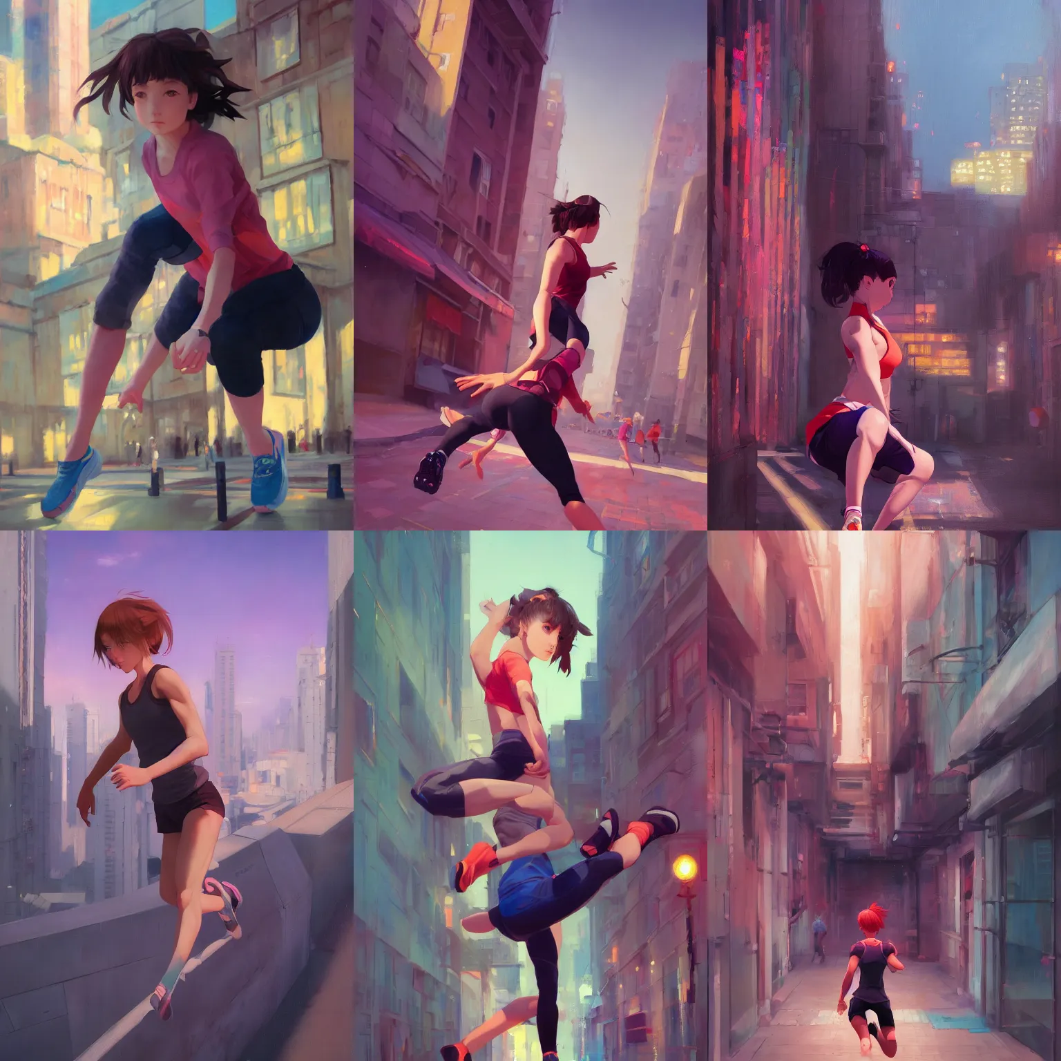 Prompt: a portrait of a cute young female parkour runner, city setting, vivid colors, soft lighting, atmospheric, cinematic, moody, in the style of Ilya Kuvshinov and Range Murata, Krenz Cushart, rule of thirds, oil on canvas, 8k