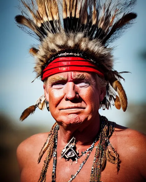 Prompt: a portrait photograph of donald trump as ( ( ( a tribal shaman from the stone age ) ) ), dslr photography