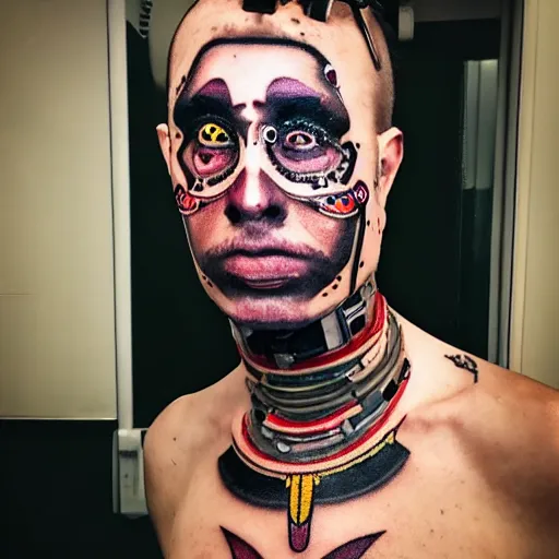 Image similar to portrait photo of man with a face tattoo of a 3 dimensional hole in the skin with multicolored tubes and robotic mechanics inside under the skin, insanely integrate,