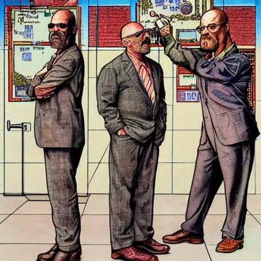 Prompt: The Artwork of R. Crumb and his Cheap Suit Breaking-Bad-Walter-White meth-lab prison, pencil and colored marker artwork, trailer-trash lifestyle