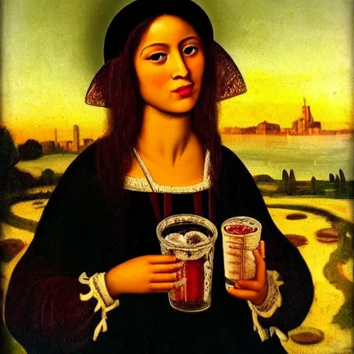 Image similar to A beautiful Jewish-Mexican woman peacefully sips a soda at a café at sunset with a plate of beignets before her, Renaissance oil painting