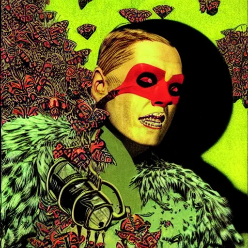 Prompt: a eccentric cybergoth guy, face covered in moths, small details, aesthetic!!!, color, by virgil finlay, by jamie hewlett,