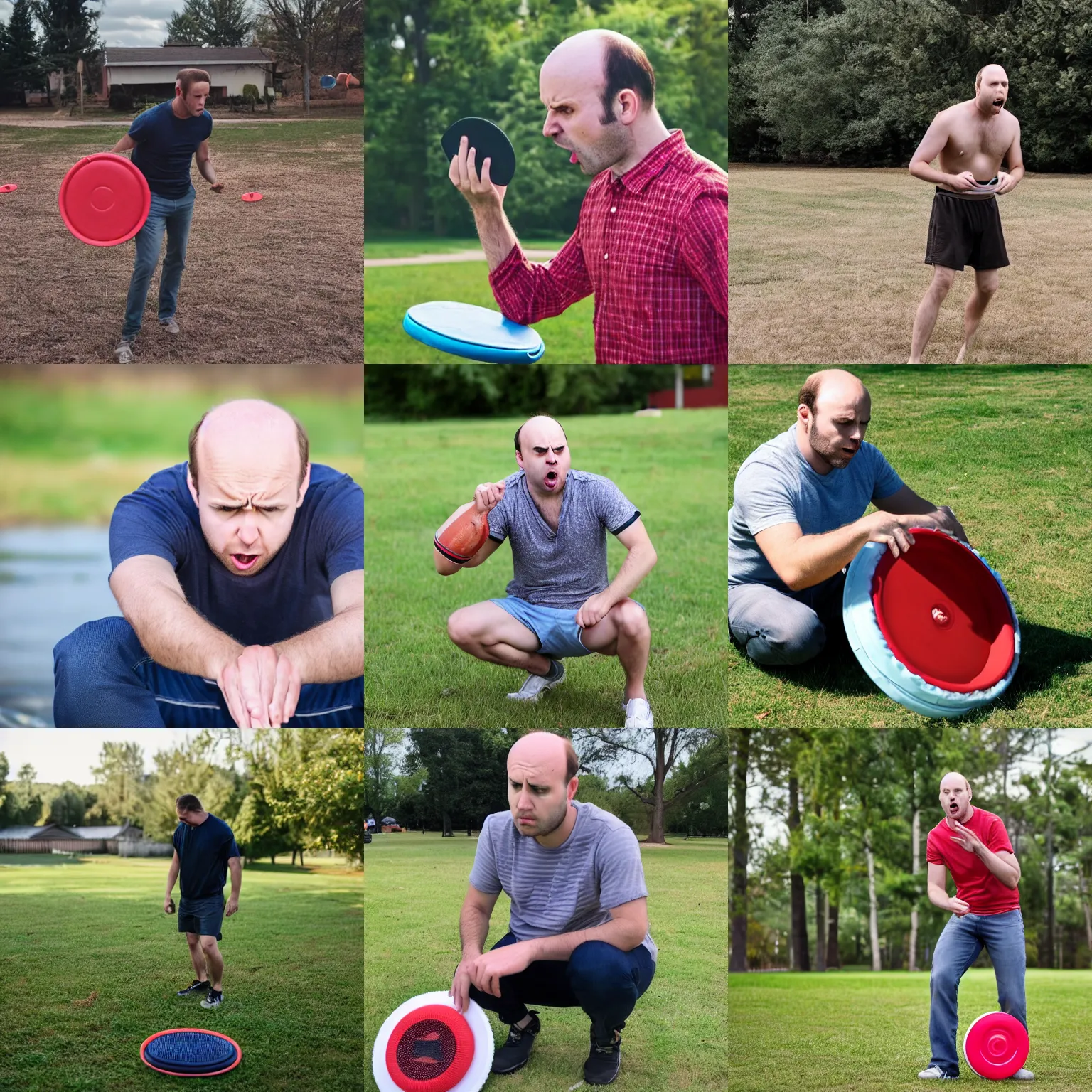 Prompt: an angry 3 0 year old balding american looking at a frisbee in disgust