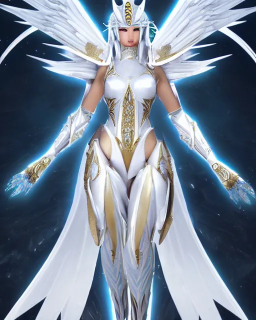 Image similar to perfect white haired egyptian goddess wearing white dove wings, warframe armor, regal, attractive, ornate, sultry, beautiful, ice queen, half asian, pretty face, blue eyes, detailed, scifi platform, 4 k, ultra realistic, epic lighting, android body, illuminated, cinematic, masterpiece, art by akihito tsukushi, voidstar