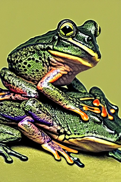 Prompt: frogs cover a helpless human, photorealistic, highly detailed,