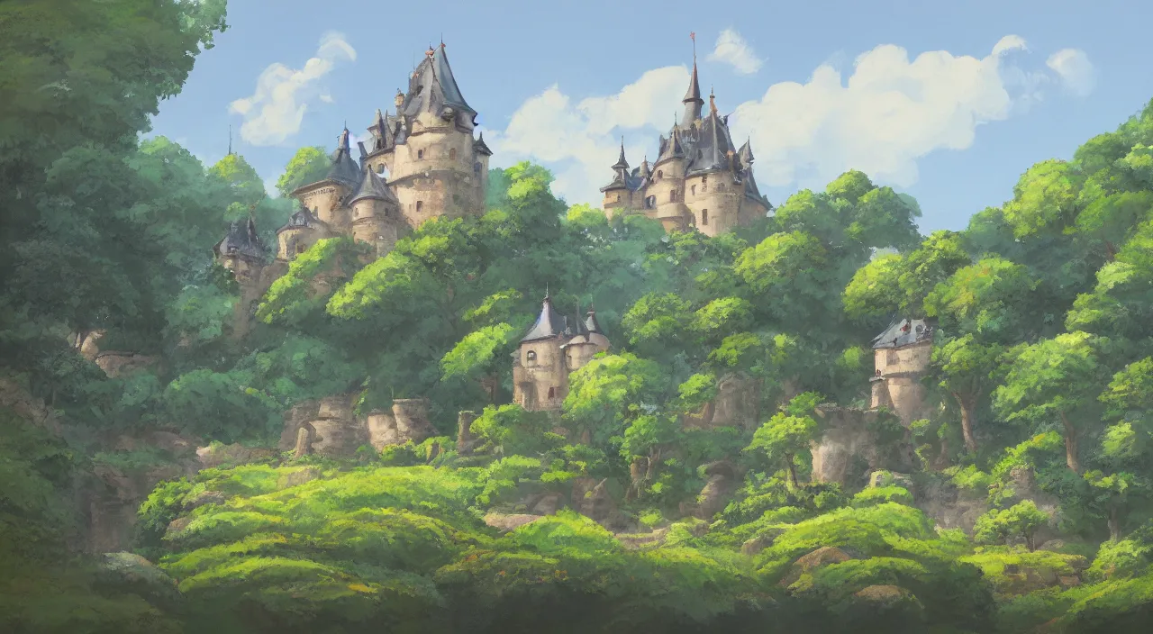 Prompt: a landscape painting of a French castle, with a garden, by Studio Ghibli, trending on artstation