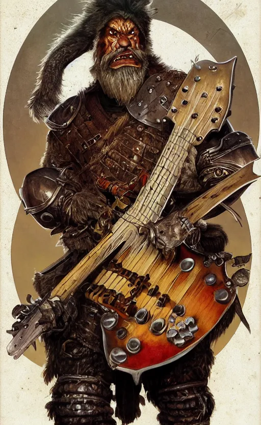 Prompt: bugbear playing flaming ibanez bass guitar, black beard, class hunter, d & d, dungeons and dragons, ornate steel armour,, male, strong outline, character design on white background, by painted by norman rockwell, tom bagshaw, mucha, gaston bussiere, craig mullins, j. c. leyendecker 8 k