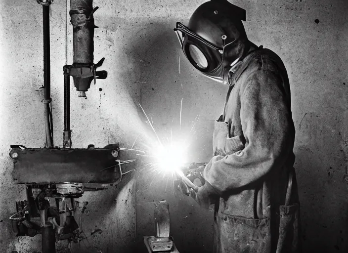 Image similar to welder in welding mask in an abandoned asylum, by richard avedon, tri - x pan stock