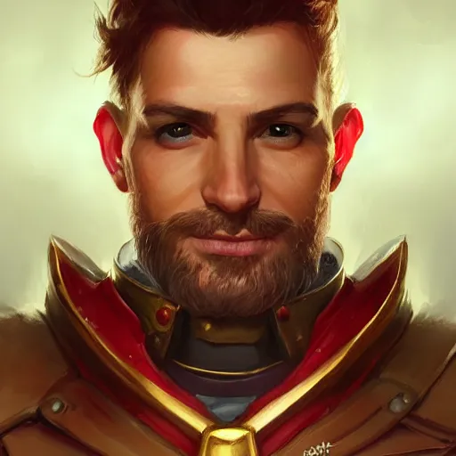Prompt: male artificer, arrogant, D&D, fantasy, portrait, highly detailed, digital painting, artstation, concept art, sharp focus, illustration, art by artgerm and greg rutkowski and magali villeneuve, red white and gold color scheme
