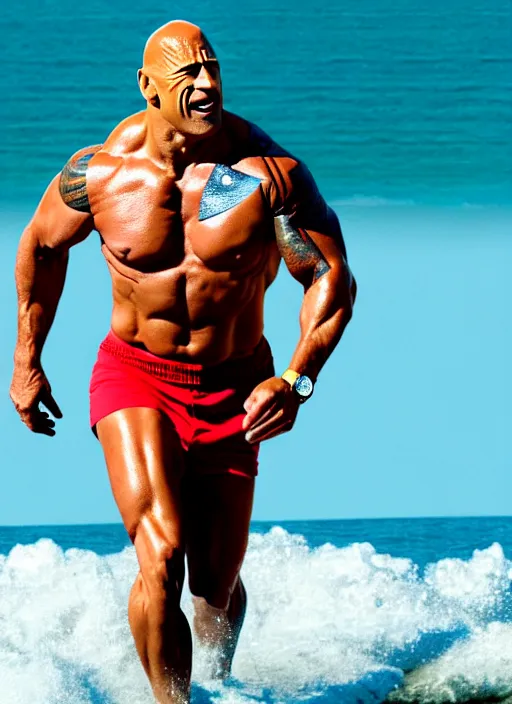 Image similar to film still of joe biden as dwayne johnson in baywatch movie 2 0 1 7, 8 k