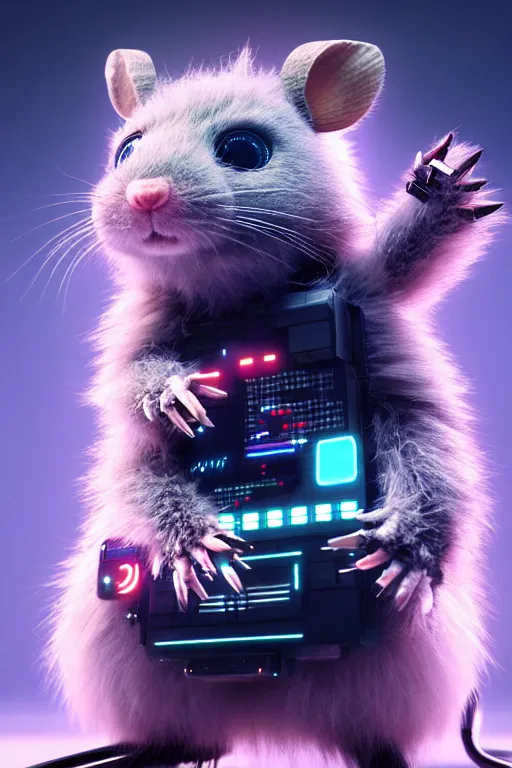 Prompt: high quality 3 d render very cute fluffy cyborg!! rat plays synthesizer, cyberpunk highly detailed, unreal engine cinematic smooth, in the style of blade runner & detective pikachu, hannah yata charlie immer, moody light, low angle, uhd 8 k, sharp focus