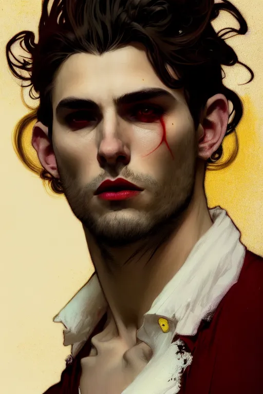 Image similar to portrait of a beautiful young fit male vampire with curly white hairs and yellow eyes, dressed with urban clothes, by greg rutkowski and alphonse mucha, d & d character, gradient white to red, modern nocturnal background, highly detailed portrait, digital painting, artstation, concept art, smooth, sharp focus ilustration, artstation hq