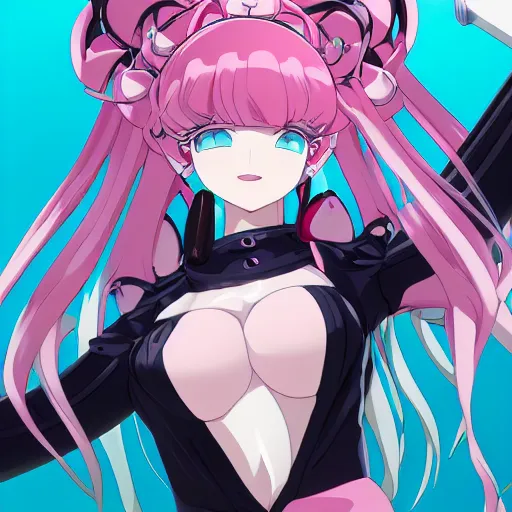 Prompt: stunningly beautiful omnipotent megalomaniacal anime goddess who looks like junko enoshima with symmetrical perfect face and porcelain skin, pink twintail hair and mesmerizing cyan eyes, looking down upon the viewer and taking control while smiling in a mischievous way, mid view from below her feet, hyperdetailed, 2 d anime, 8 k