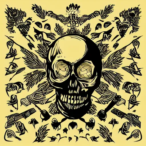 Image similar to dark death metal themed vector illustration for a record label, trees. forest, spikes, skull, microphone, skull, award winning, grunge, iconic, golden ratio