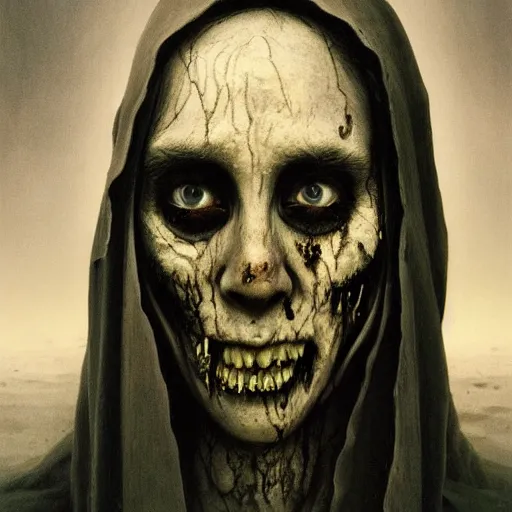 Image similar to A portrait of A zombie nun by Zdzisław Beksiński and Ilya Repin,In style of Post-Apocalyptic.digital art, illustration,hyper detailed,smooth, sharp focus,trending on artstation,oil on the canvas,4k