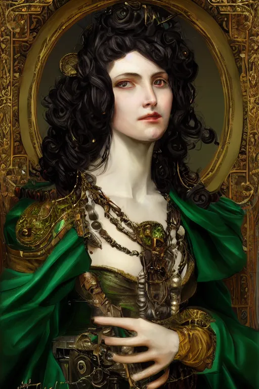 Prompt: portrait, headshot, digital painting, of a old 17th century, beautiful lady cyborg merchant, dark hair, amber jewels, dark green satin clothes, baroque, ornate clothing, scifi, futuristic, realistic, hyperdetailed, chiaroscuro, concept art, art by waterhouse and witkacy