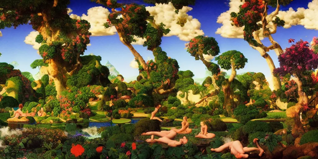 Prompt: a vaporwave landscape of the Garden of Eden by Maxfield Parrish, vaporwave style, digital art 8k