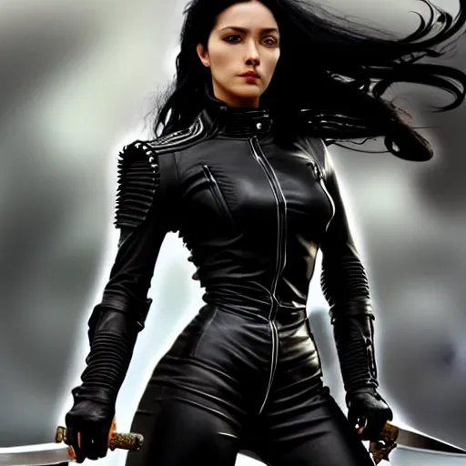 Prompt: an action photo of a black haired woman in a black leather jacket in a swordfight, muscular upper body, abs, d & d, fantasy, intricate, elegant, highly detailed, digital painting, artstation, concept art, smooth, sharp focus, illustration, art by artgerm and greg rutkowski and alphonse mucha