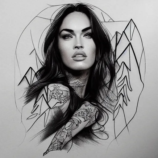 Image similar to megan fox as beautiful mountains, double exposure effect, medium sized tattoo sketch, amazing detail, trending on pinterest, in the style of dan mountford