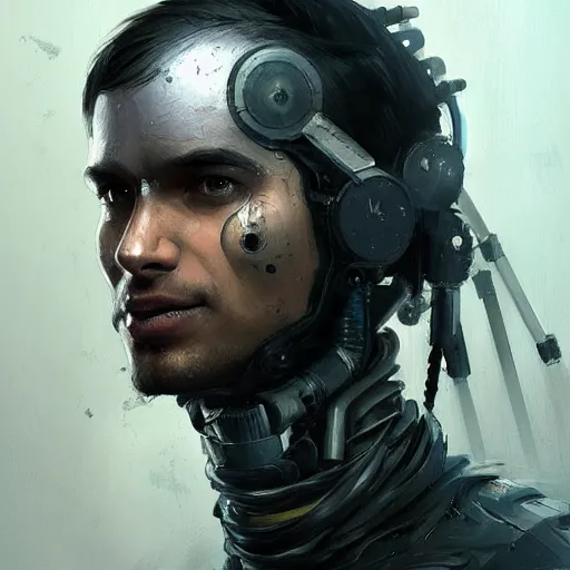 Image similar to portrait of a cyborg by greg rutkowski, he is about 3 0 years old, indian, very tall and slender, messy long black hair, he is wearing a black t - shirt, highly detailed portrait, digital painting, artstation, concept art, smooth, sharp foccus ilustration, artstation hq