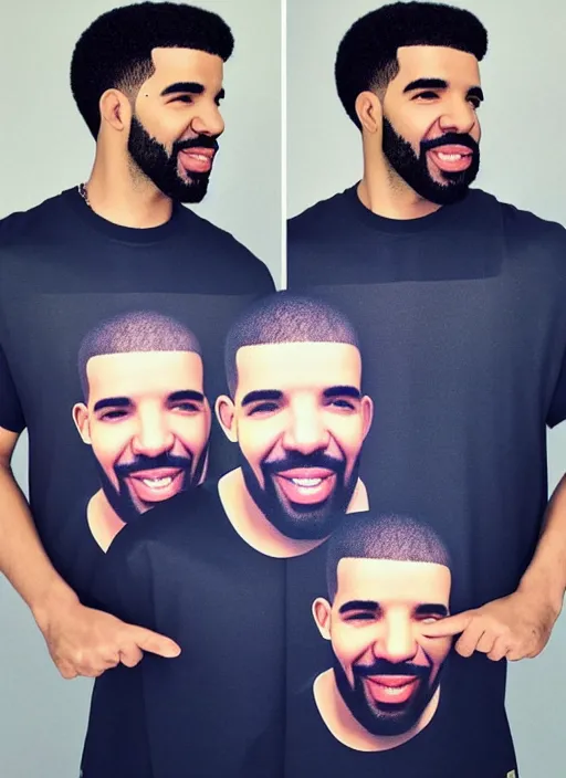 Image similar to Drake wearing a shirt of himself with matching facial expressions, iPhone photo