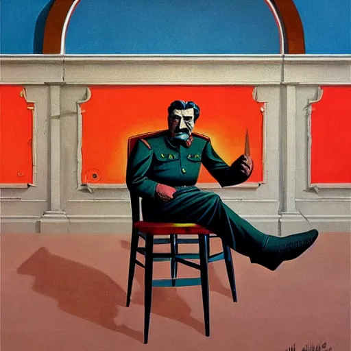 Image similar to Stalin with Evil face, highly detailed, very coherent, painted by Francis Bacon and Edward Hopper, Wayne Barlowe, painted by James Gilleard, surrealism, airbrush, art by JamesJean