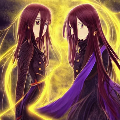 Prompt: two gorgeous female wizards standing face to face, detailed anime art