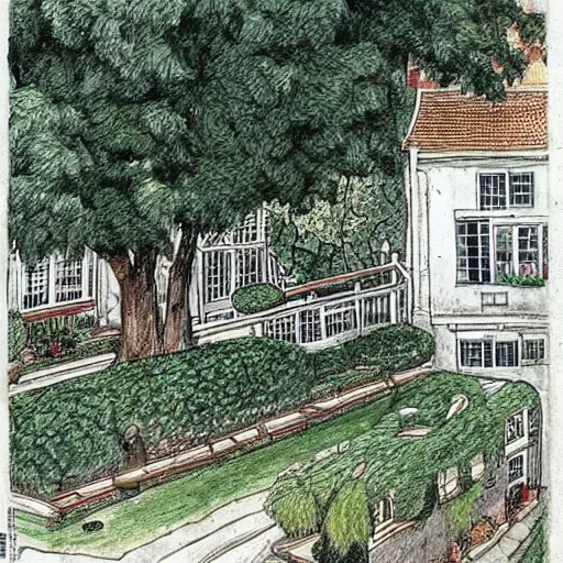 Image similar to white old dutch house, lush garden next to highway, drawing by moebius