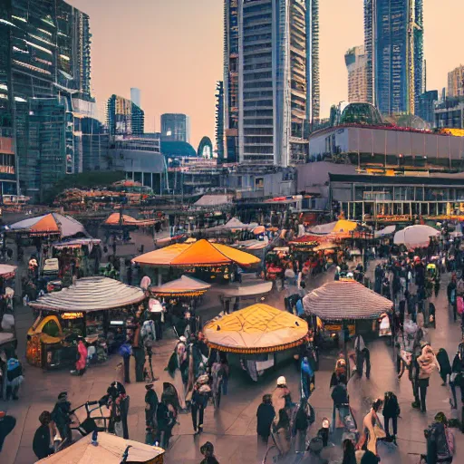 Prompt: busy marketplace in a futuristic city during dawn