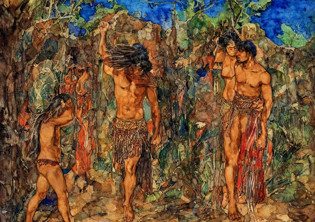 Image similar to watercolor of a polynesian greek god seeking their lover through the streets of an abandoned village, sparse detail, complementary color scheme, by george luks, mati klarwein and moebius