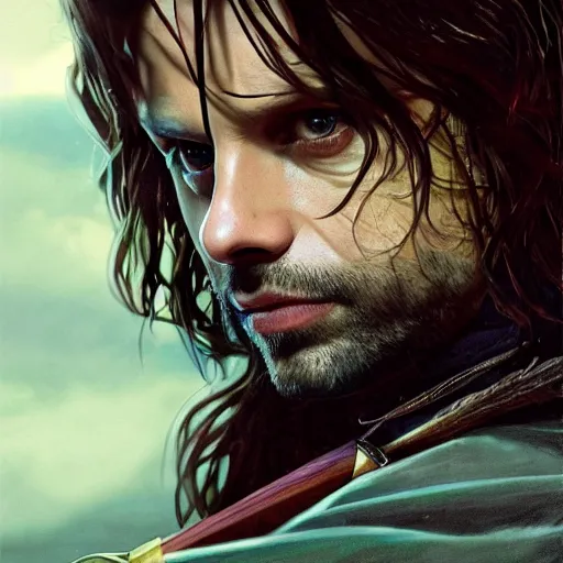 Image similar to sebastian stan as aragorn by leonardo divinci, greg rutkowski, alphonse mucha, mystical cosmic lighting, octane render, artstation, rey tracing, golden ratio, rule of thirds, perfect composition