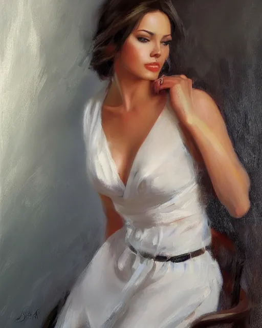 Prompt: a painting of a beautiful woman by richard s. johnson