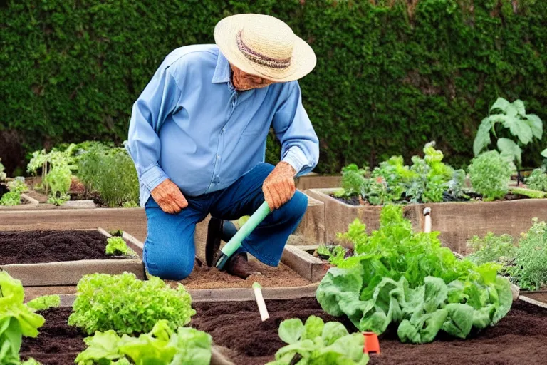 Prompt: sixty - year - old man wearing a straw hat and a long - sleeved shirt looking down to the ground kneeling beside a healthy luscious beautiful vegetable garden with gardening tool leaning by his side