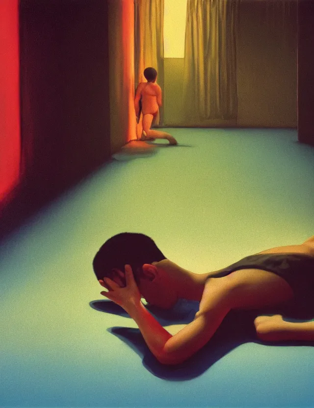 Prompt: boy in dark room praying on kness, blue rays from tv, redshift, colour shift, wide shot, coloured polaroid photograph, pastel, kodak film, hyper real, stunning moody cinematography, by maripol, fallen angels by wong kar - wai, style of suspiria and neon demon, david hockney, detailed, oil on canvas