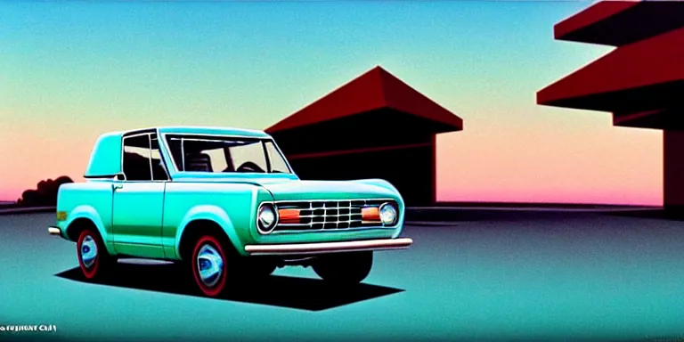 Image similar to a cinematic keyframe matte painting of a sleek 1 9 7 0 s vaporwave concept vehicle retro - futurism sci - fi sky blue ford bronco designed by karmann ghia in an open garage in the colorado, view from the street. in the moonlight. by eric lafforgue, glennray tutor and edward hopper, greg rutkowski. trending on artstation.