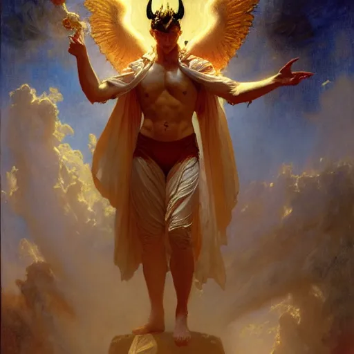 Image similar to attractive male lucifer morning star casting a spell summoning male demons. highly detailed painting by gaston bussiere, craig mullins, j. c. leyendecker, 8 k