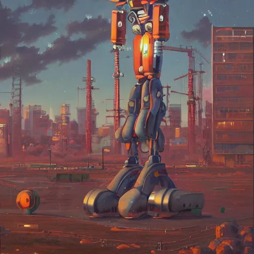 Image similar to an intricate oil painting of a giant anime robot with rounded and circular parts by simon stalenhag