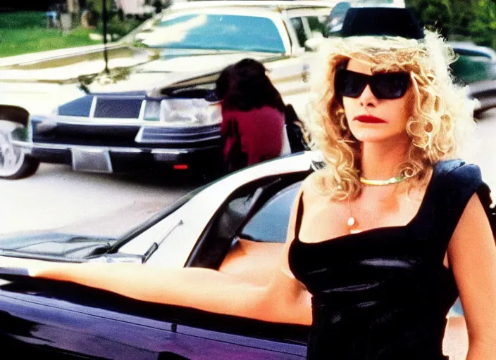 Prompt: color photo of a cool beautiful woman wearing sunglasses the 8 0's. limousine in thebackground