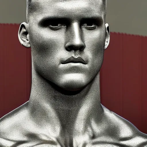 Image similar to “a realistic detailed photo of a guy who is an attractive humanoid who is half robot and half humanoid, who is a male android, baseball player Mike Trout, shiny skin, posing like a statue, blank stare, on the baseball field, on display”