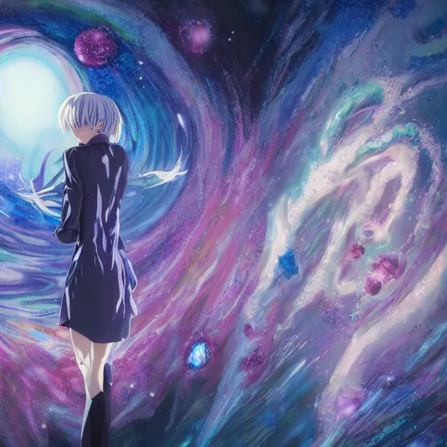 Image similar to rei ayanami, deep space, seascape, grimes, lain iwakura, silver hair, johfra bosschart, usagi, cut anime maid, cosmos, psychedelic flowers, black opal, rainbow aura quartz, organic, oni compound artwork, of character, render, artstation, portrait, wizard, beeple, art, fantasy, epcot, psychedelic glitchcore