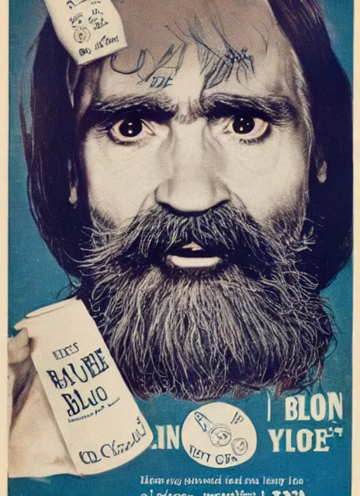 Image similar to vintage pharmaceutical advertisement depicting charles manson as a member of the blue man group