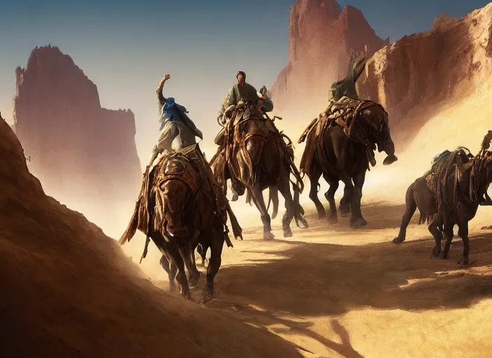 Image similar to the big large expedition with a crowd of adventurers being brought by gigantic mammals carrying stuff towards the desert of duhnes medium shot, key art by craig mullins, bloom, dramatic lighting, cinematic, high details